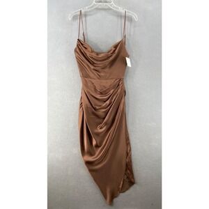 House Of CB Dress Womens Sz Small Reva Toffee Satin‎ Gathered Corset High Slit